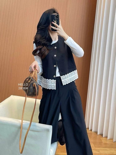 Women Classy Sleeves Lace Border Vest With Trouser Sets
